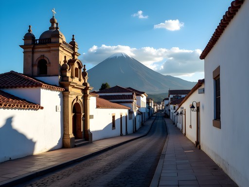 Arequipa's white stone architecture with volcanoes in background