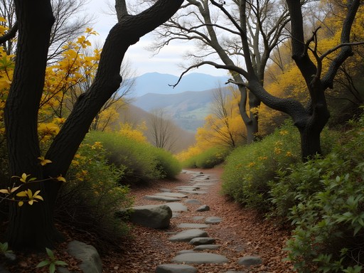 Hiking trail through Craggy Gardens with autumn mountain views and rhododendron