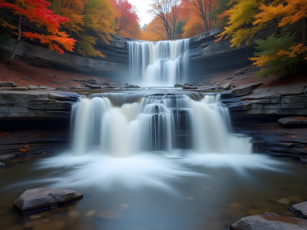 Long exposure photograph of Catawba Falls surrounded by autumn foliage