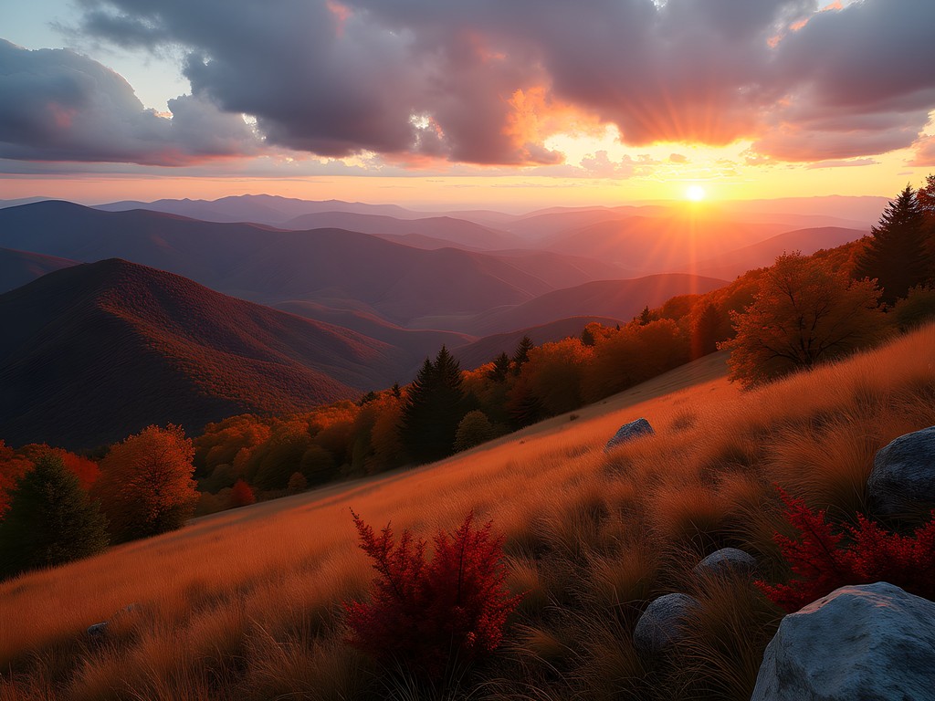 Golden sunset over layered Blue Ridge Mountains from Craggy Gardens meadow