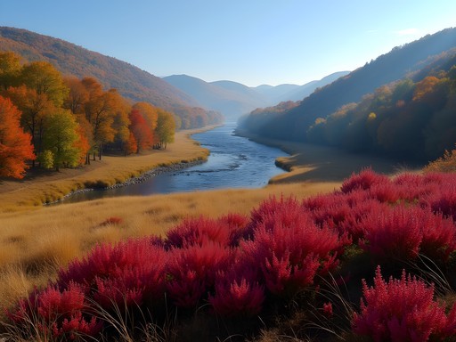 Vibrant red blueberry bushes and fall foliage in Graveyard Fields with mountains in background