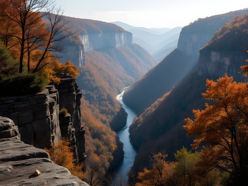 Dramatic view of Linville Gorge in autumn with steep forested walls and river below