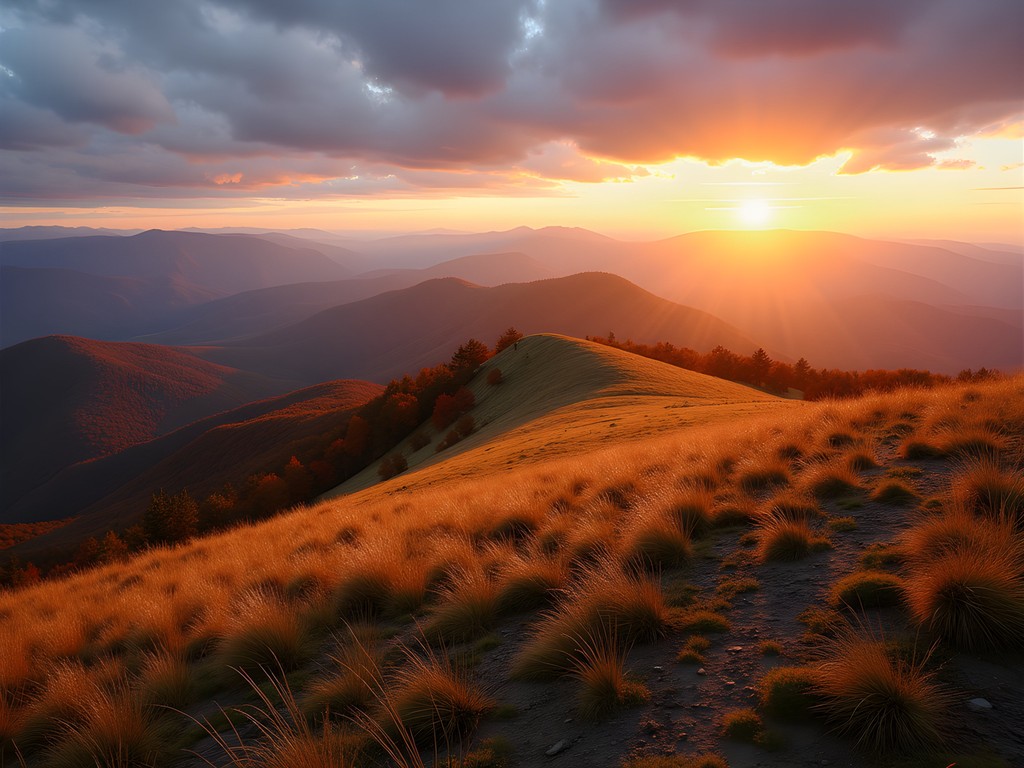 Golden hour on Max Patch bald with Appalachian mountain ranges extending to the horizon in autumn colors