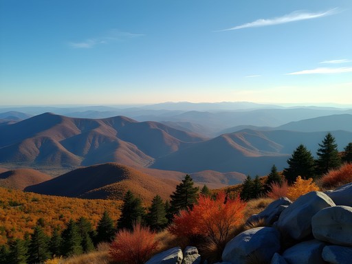 Panoramic view from Mount Mitchell summit showing layers of Blue Ridge Mountains in fall colors
