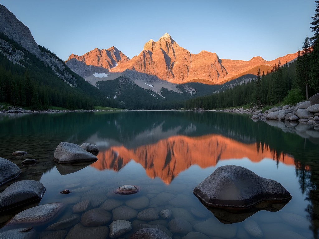 Sunrise at Dream Lake in Rocky Mountain National Park with mountain reflection