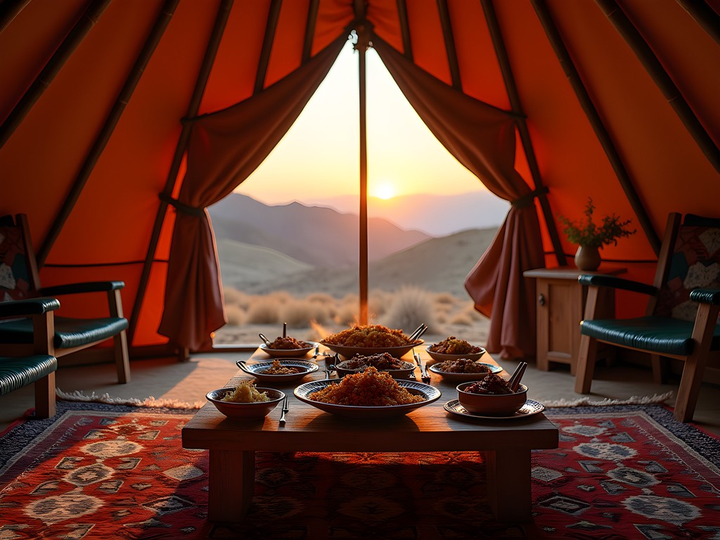 Traditional Turkmen yurt dinner setup with Kopet Dag mountains at sunset