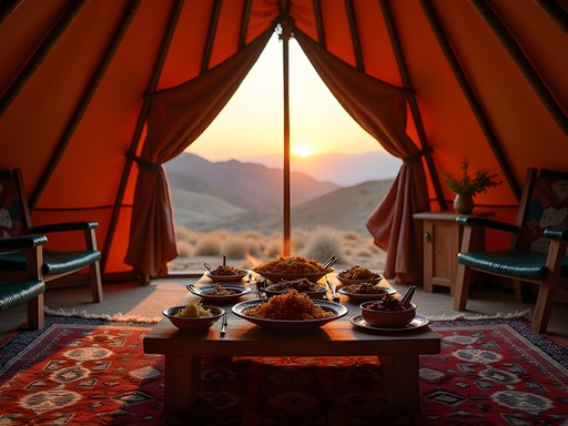 Traditional Turkmen yurt dinner setup with Kopet Dag mountains at sunset