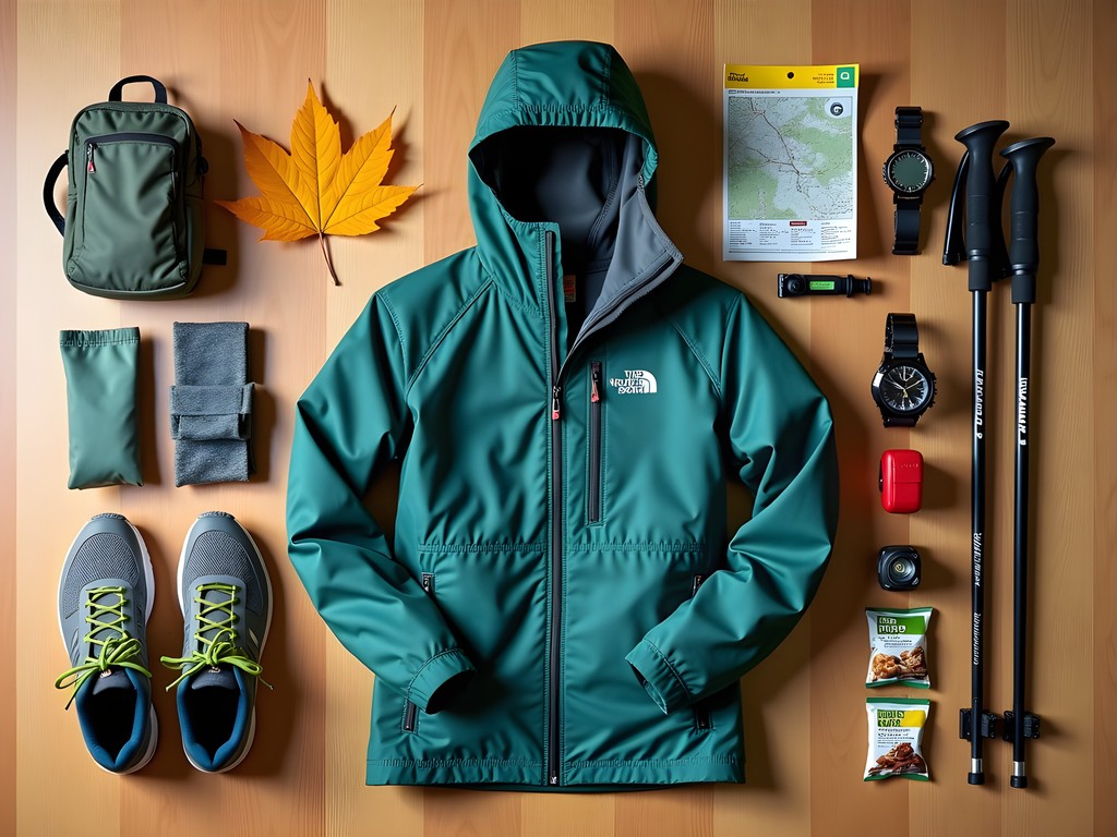 Essential hiking gear laid out for Auburn, Maine mountain trails in autumn