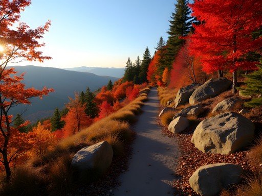 Hiker on Lost Valley Ridge Trail surrounded by vibrant fall foliage in Auburn, Maine