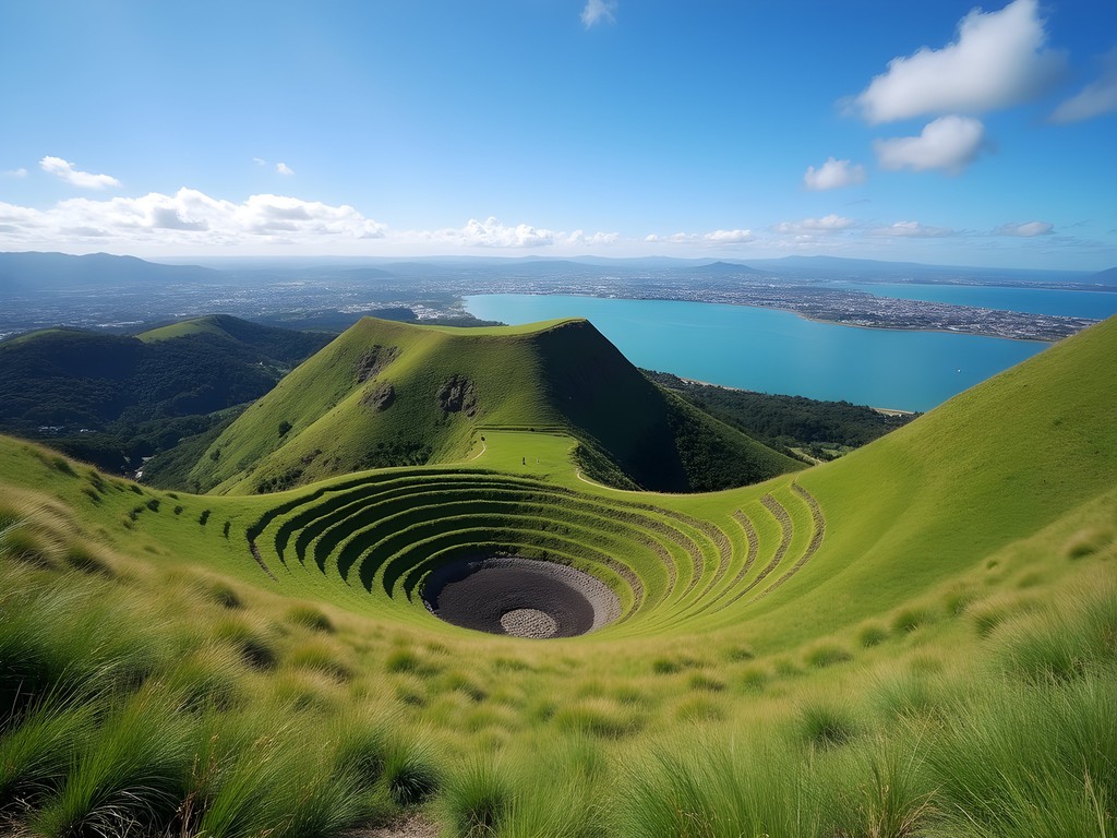 Terraced slopes of ancient Māori pā on Mangere Mountain volcanic cone