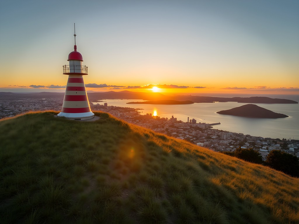 Sunset view from Mount Victoria overlooking Auckland Harbor and skyline
