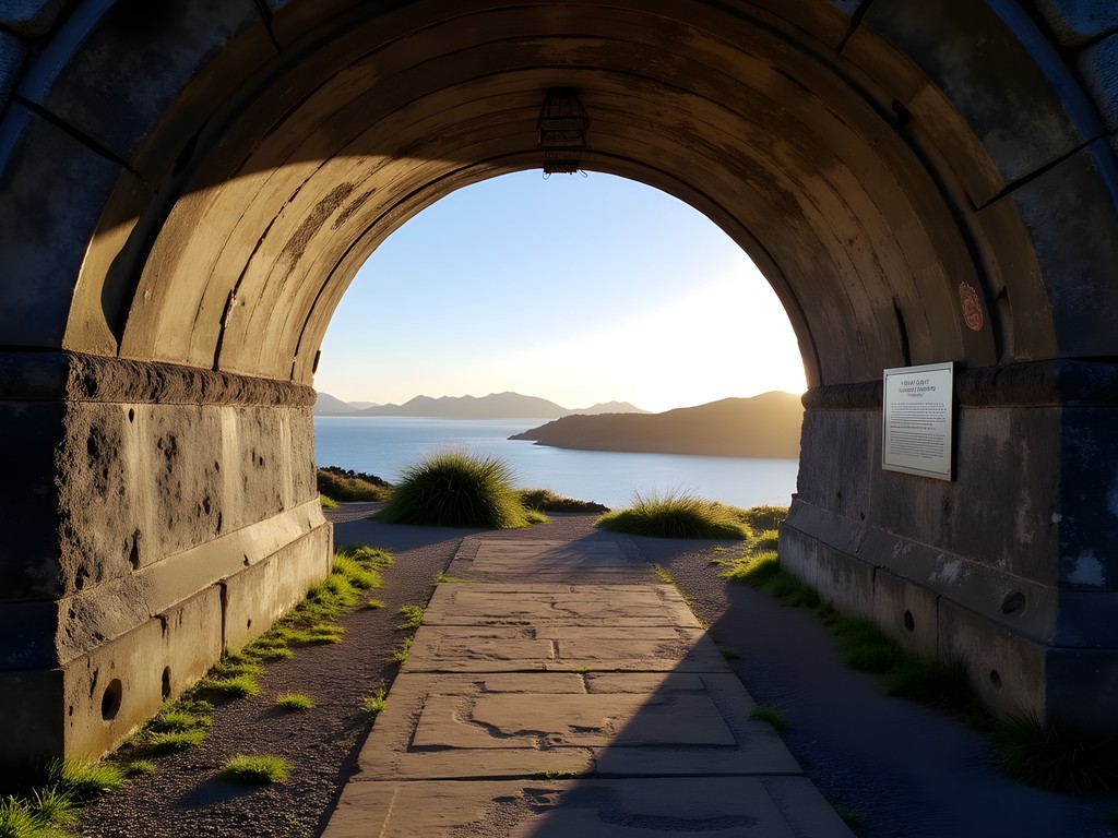 Historic military tunnels at North Head with view of Auckland Harbor