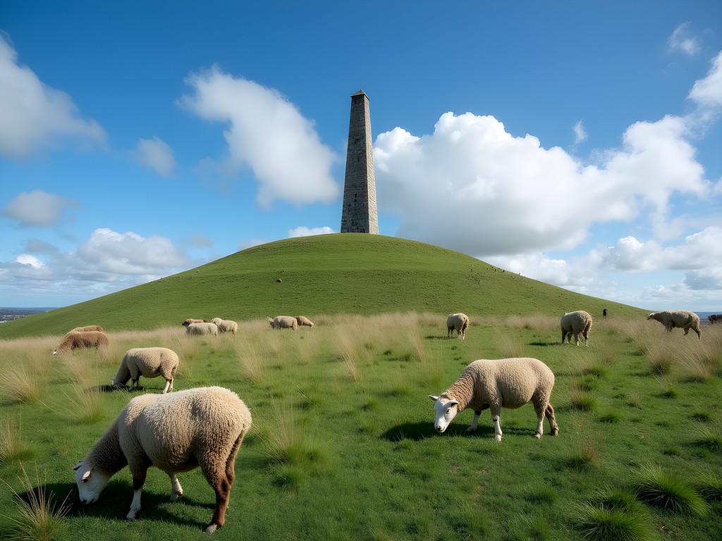 One Tree Hill obelisk with sheep grazing on volcanic slopes