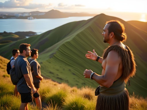 Māori guide explaining cultural significance of Auckland volcanic landscape to visitors
