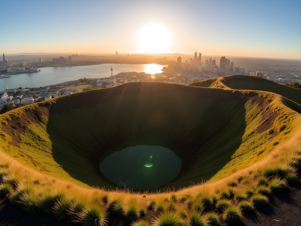 Panoramic view of Auckland from Mount Eden summit with volcanic crater in foreground