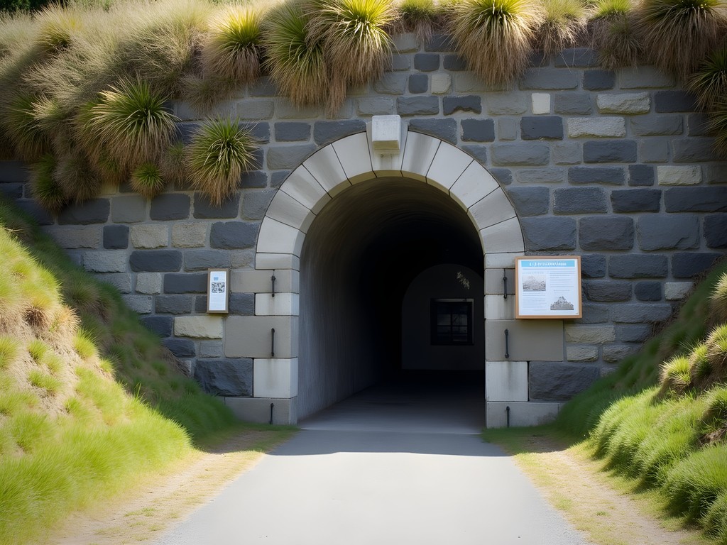 Historic tunnel entrance carved into volcanic rock at North Head with harbor view