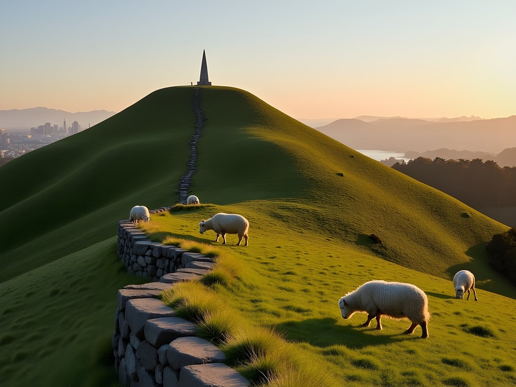 Sheep grazing on the volcanic slopes of One Tree Hill with Auckland skyline in background
