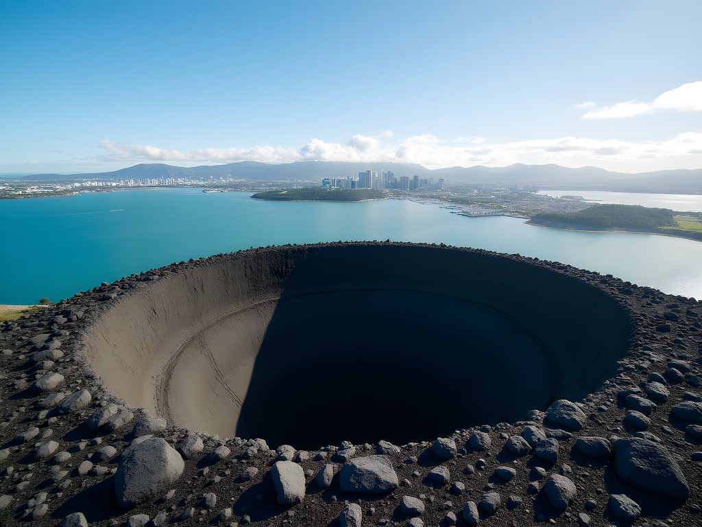 View from Rangitoto Island summit showing volcanic landscape and Auckland skyline