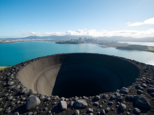 View from Rangitoto Island summit showing volcanic landscape and Auckland skyline