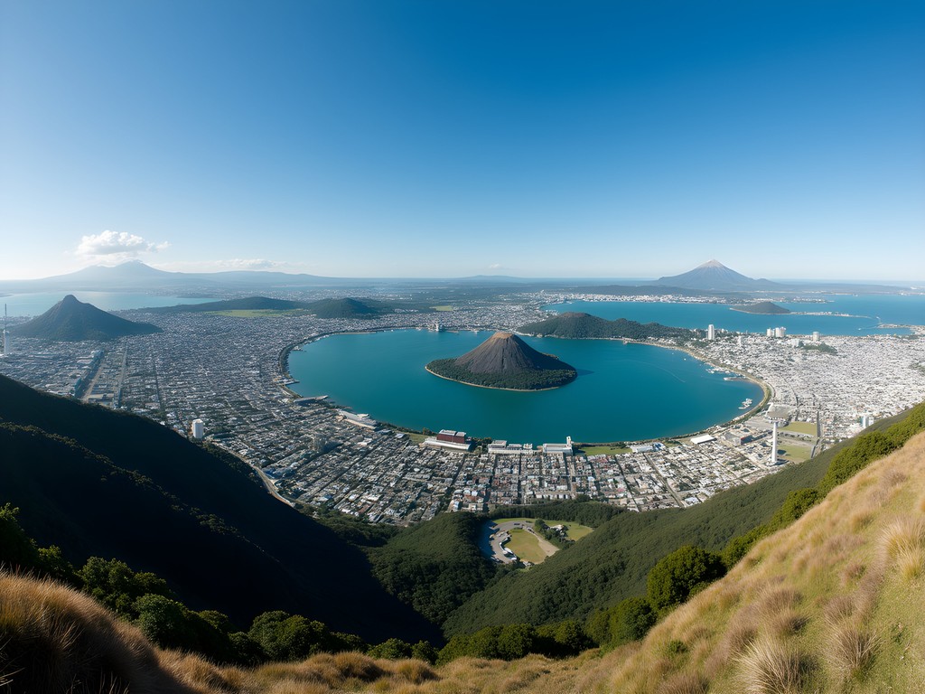Panoramic view of Auckland city showing multiple volcanic cones integrated into the urban landscape
