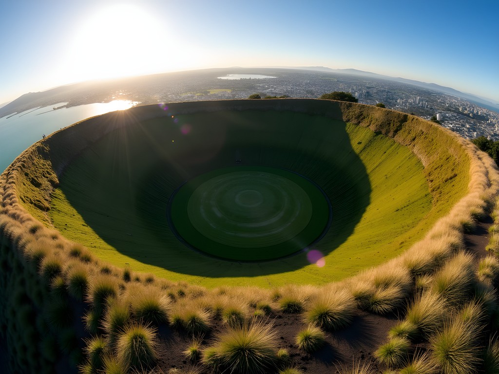 Perfect bowl-shaped crater of Mount Eden with Auckland skyline in background