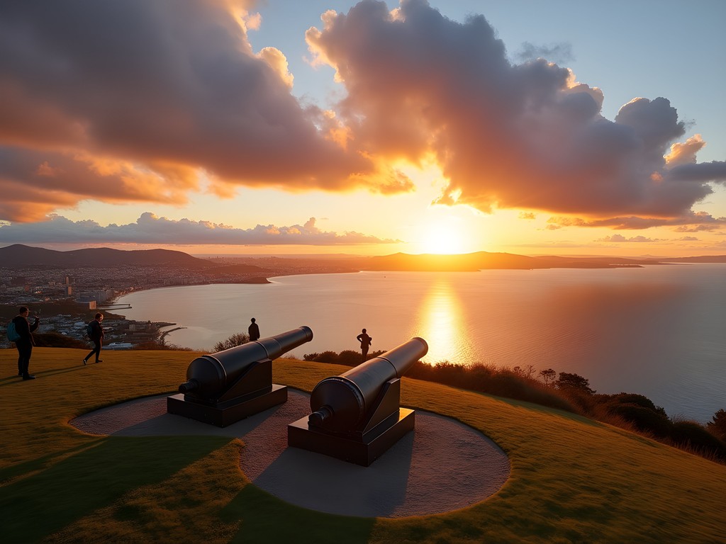 Sunset view from North Head volcanic cone looking toward Auckland city and Rangitoto Island