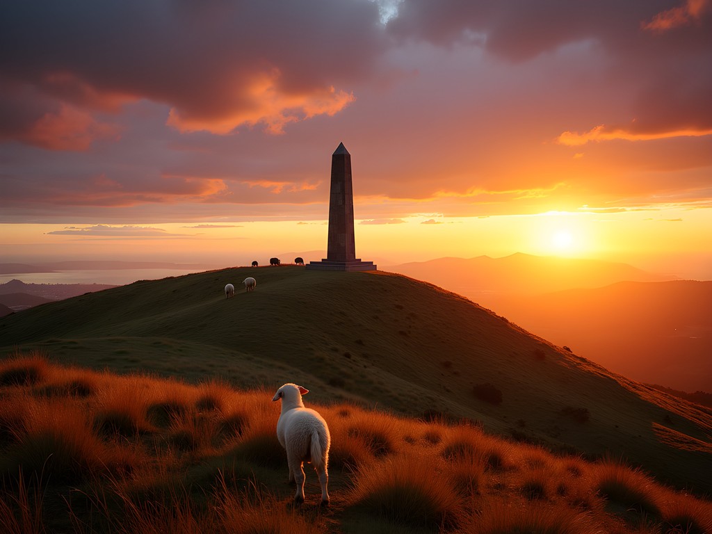 Silhouette of One Tree Hill obelisk monument at sunset with sheep grazing in foreground