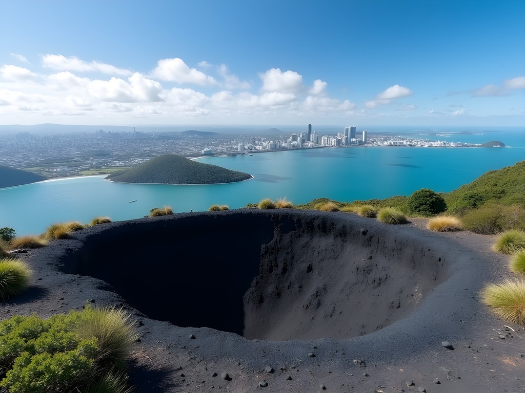 View from Rangitoto Island summit looking back toward Auckland city skyline