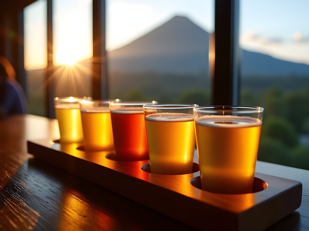 Craft beer flight with Mount Batur visible in background