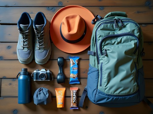 Essential hiking gear laid out for Mount Batur trek