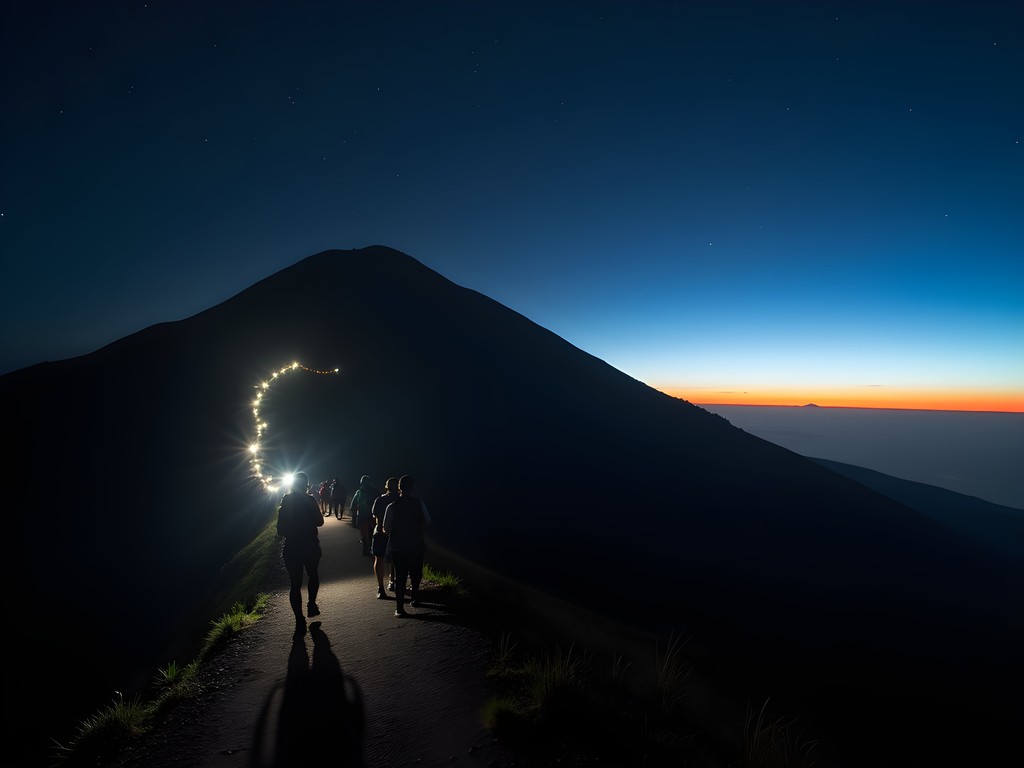 Hikers with headlamps ascending Mount Batur in pre-dawn darkness