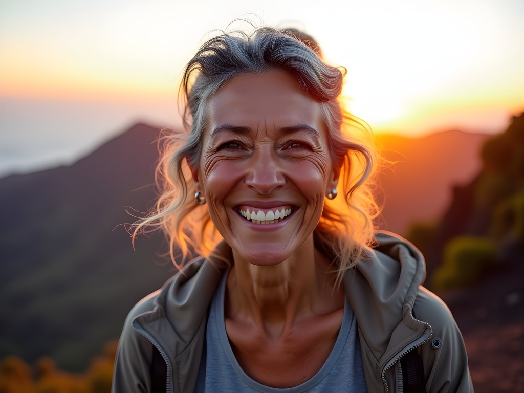Female traveler enjoying sunrise view from Mount Batur summit