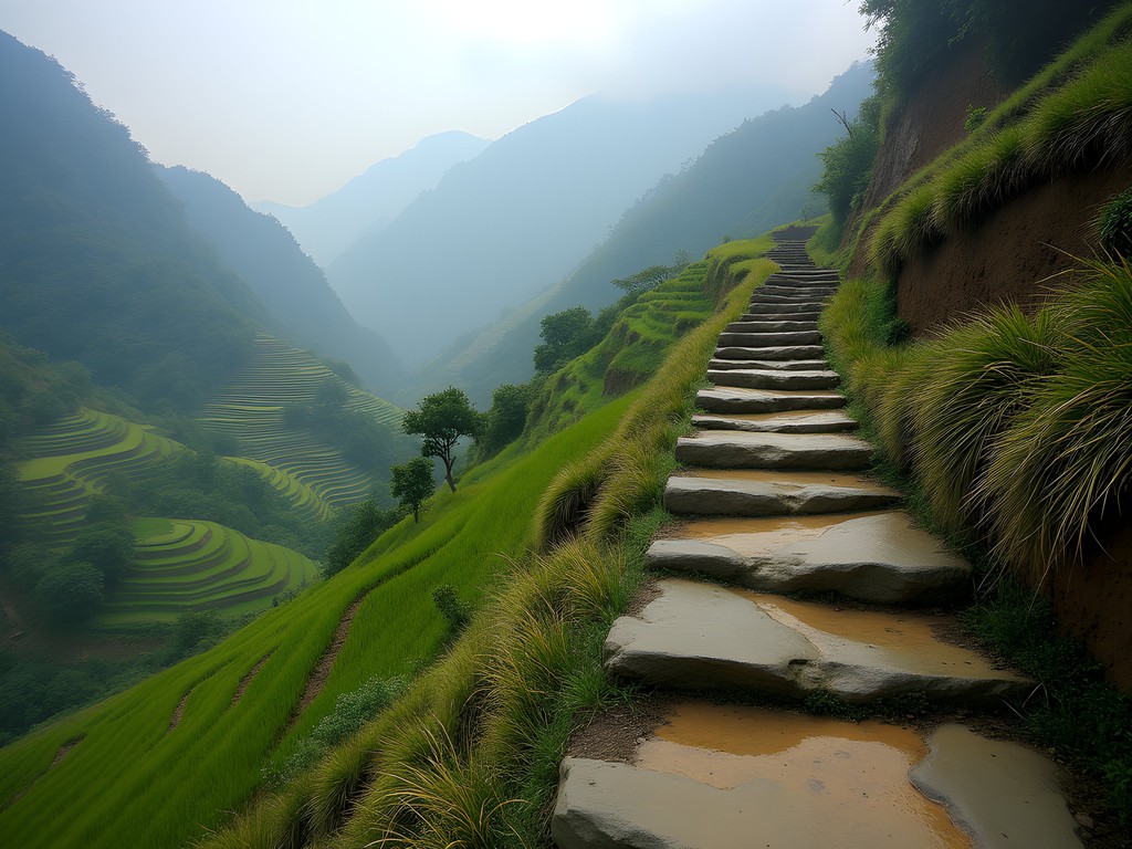 Ancient trading path through terraced fields near Bandipur