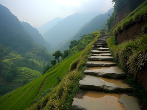 Ancient trading path through terraced fields near Bandipur