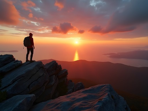 Silhouette of hiker watching sunrise from Cadillac Mountain summit in Acadia National Park