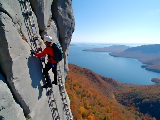 Hiker climbing iron rungs on Precipice Trail with dramatic coastal views of Acadia National Park
