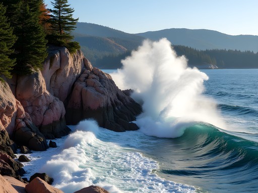 Dramatic wave crashing into Thunder Hole on Acadia's rocky coastline with mountains in background