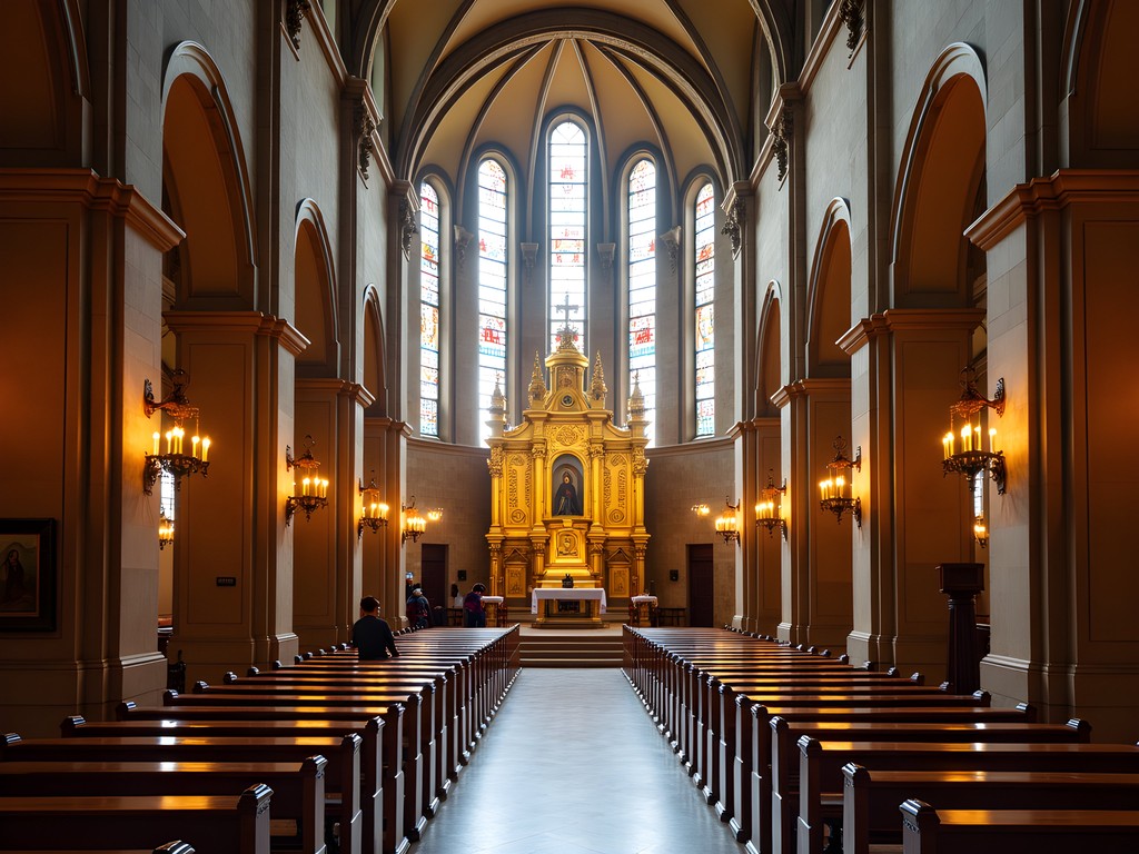 Interior of Montserrat Basilica with ornate altar and queue to see the Black Madonna
