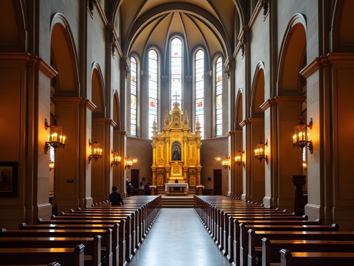 Interior of Montserrat Basilica with ornate altar and queue to see the Black Madonna
