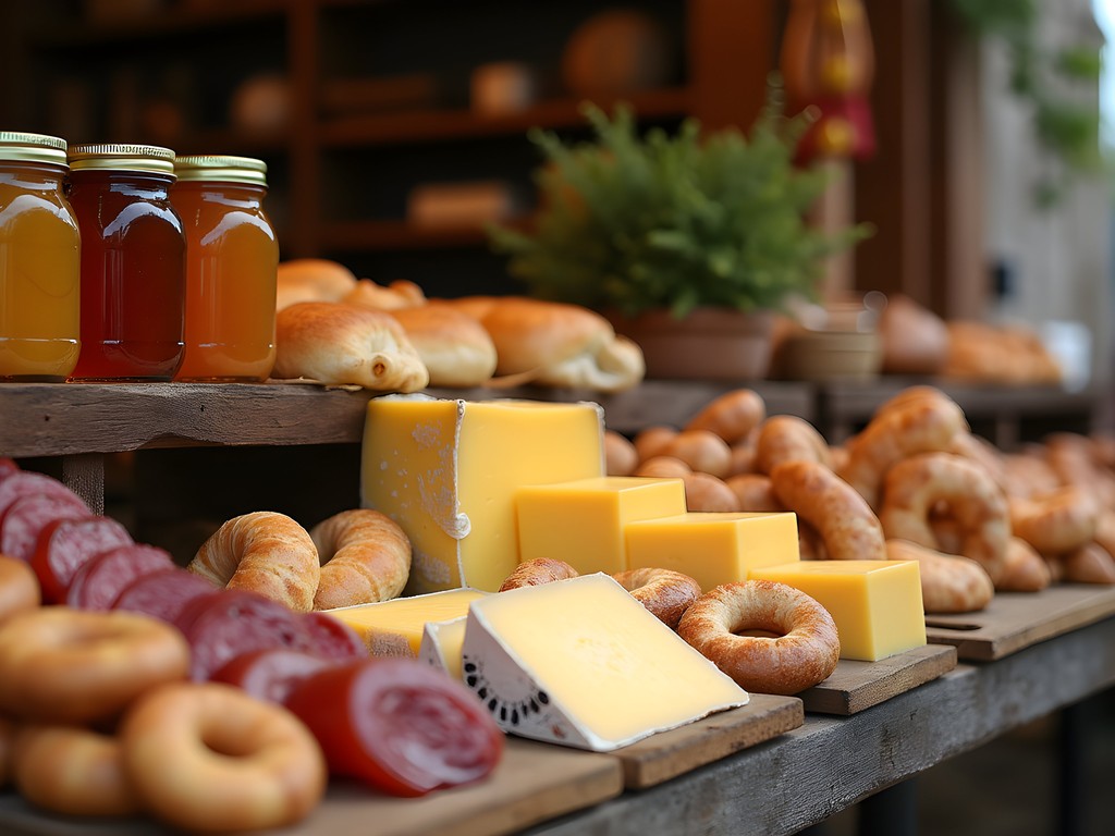 Colorful display of local cheeses, honey, and artisanal products at Montserrat farmers market