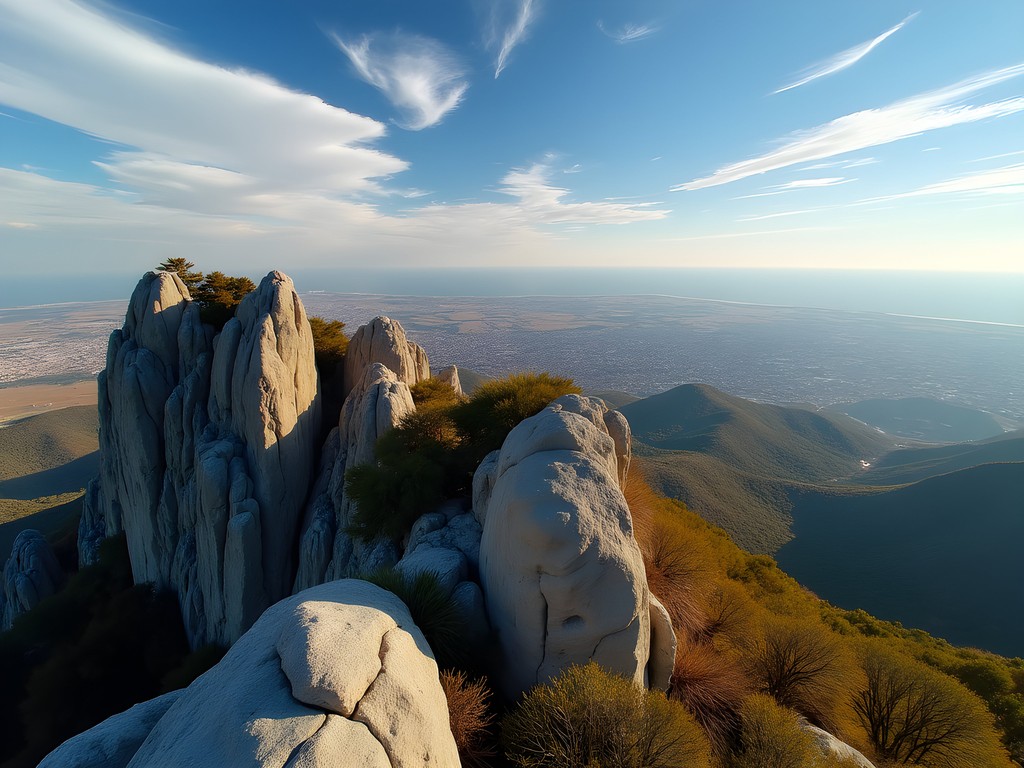 Panoramic view from Sant Jeroni peak in Montserrat showing dramatic landscape and distant Barcelona