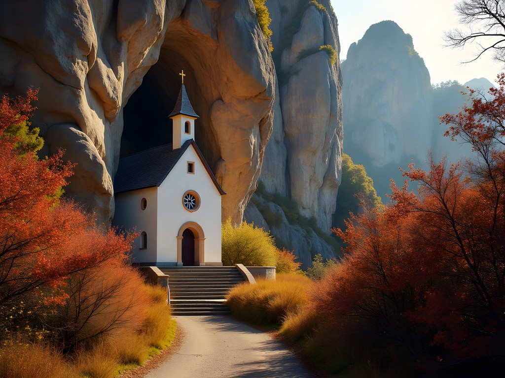 Santa Cova chapel built into Montserrat mountainside with autumn foliage and dramatic rock formations