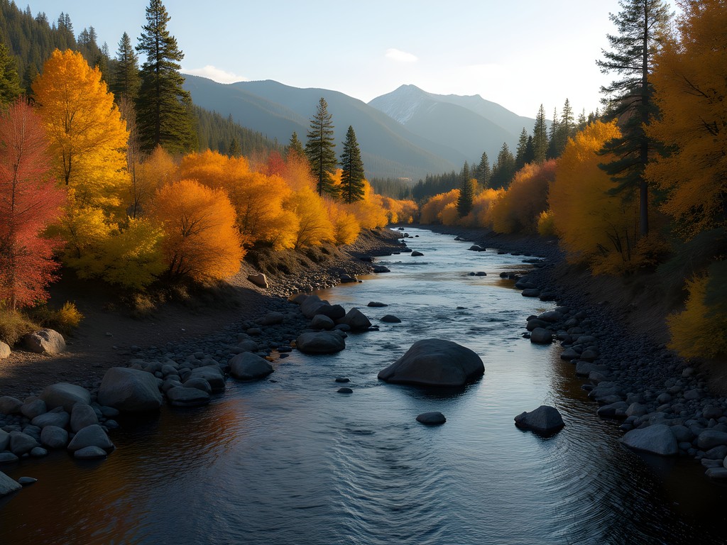 Fall colors along Deschutes River cutting through ancient lava field