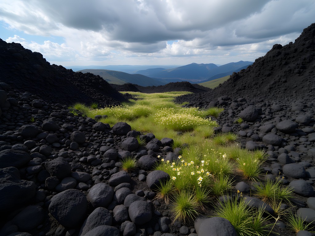 Big Obsidian Flow at Newberry Volcanic Monument with spring wildflowers