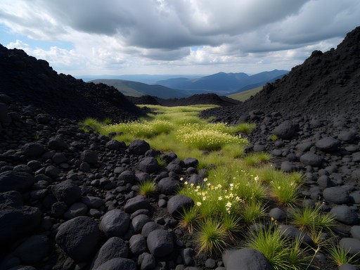 Big Obsidian Flow at Newberry Volcanic Monument with spring wildflowers