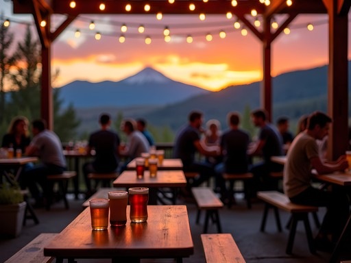 Outdoor patio at Crux Fermentation Project with Cascade mountains silhouetted against sunset