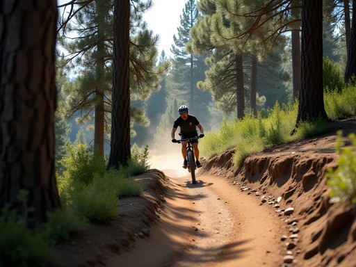 Mountain biker on singletrack trail through ponderosa pine forest near Bend