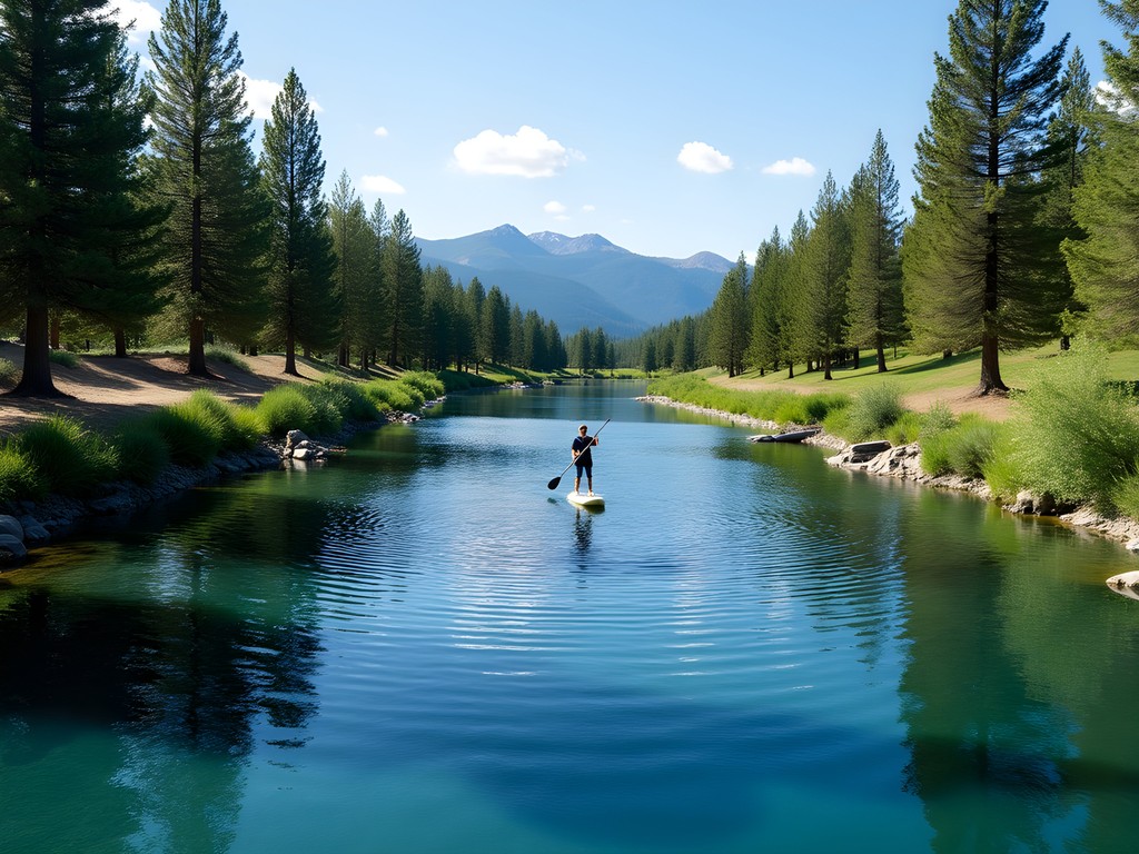 Person paddleboarding on calm section of Deschutes River with mountains in background
