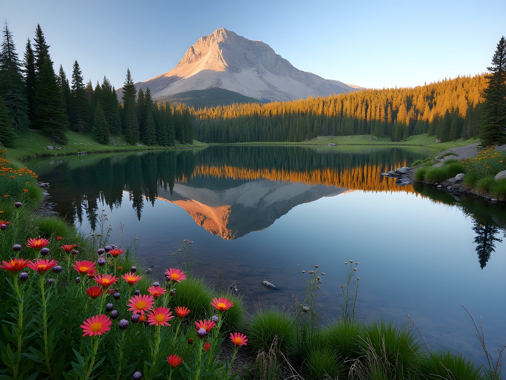 Perfect reflection of South Sister mountain in Green Lakes with wildflowers in foreground