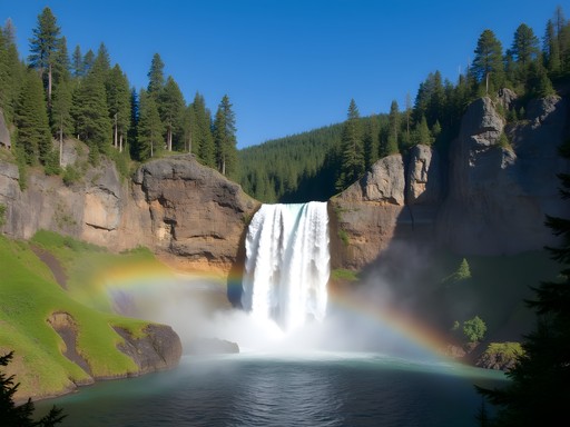 Tumalo Falls with rainbow in the mist and lush green forest surroundings